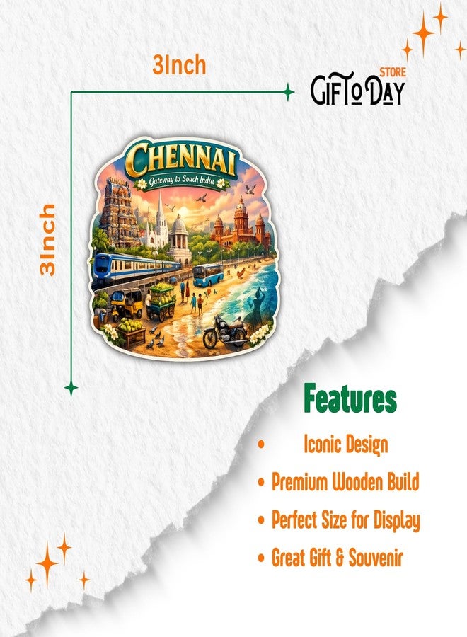 GiftODay Indian Places Theme Souvenir Wooden Fridge Magnet for Refrigerator - Decorative Fridge Magnet for Kitchen & Home Decoration Size 3x3 Inches | Pack of 1 (Chennai) - Image 4