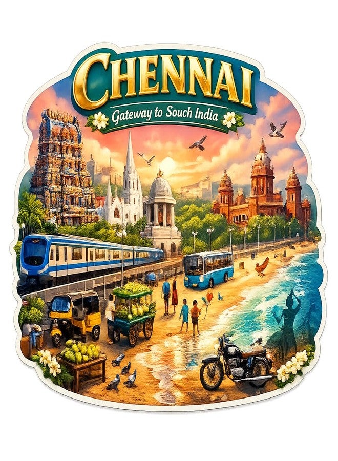 GiftODay Indian Places Theme Souvenir Wooden Fridge Magnet for Refrigerator - Decorative Fridge Magnet for Kitchen & Home Decoration Size 3x3 Inches | Pack of 1 (Chennai) - Image 1