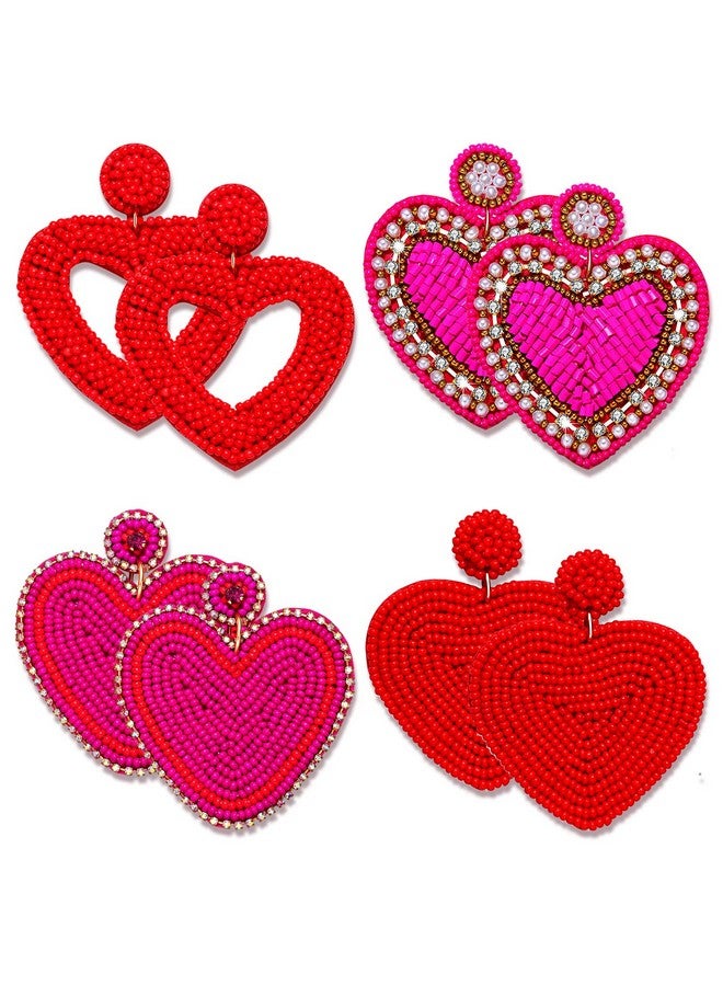 فالين 4 أزواج من الأقراط المصنوعة من الخرز على شكل قلب، أقراط عيد الحب للنساء، أقراط متدلية مصنوعة يدويًا من الخرز، أقراط حفلات الأعياد، إكسسوار هدايا عيد الحب (الطراز D) - Image 1