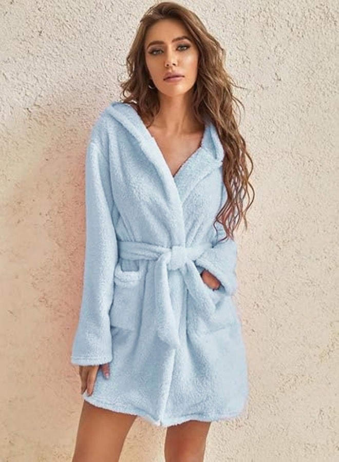 Women Hooded Bathrobe Fleece Lightweight Soft Plush Flannel Sleepwear Fleece Hooded Bathrobes Night Sleepwear Women's Mid Length Plush Robe  - Image 5