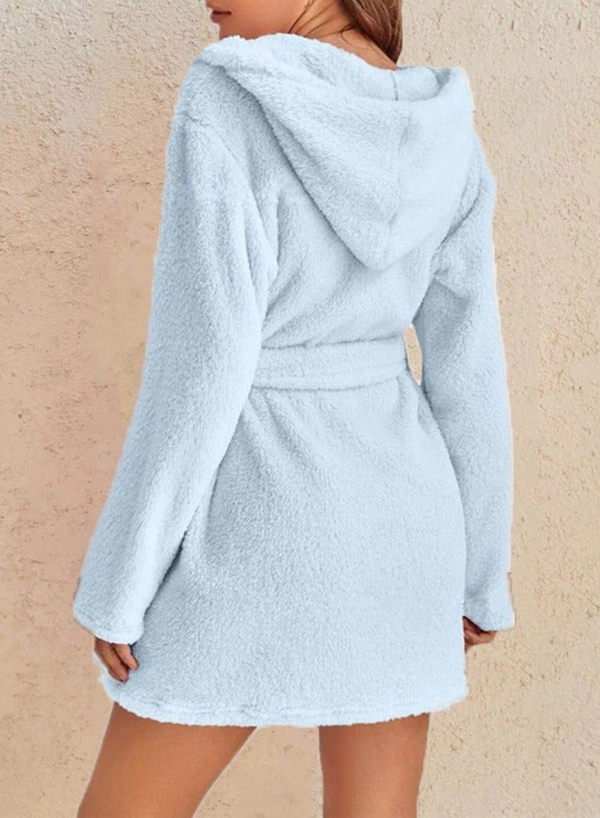Women Hooded Bathrobe Fleece Lightweight Soft Plush Flannel Sleepwear Fleece Hooded Bathrobes Night Sleepwear Women's Mid Length Plush Robe  - Image 2