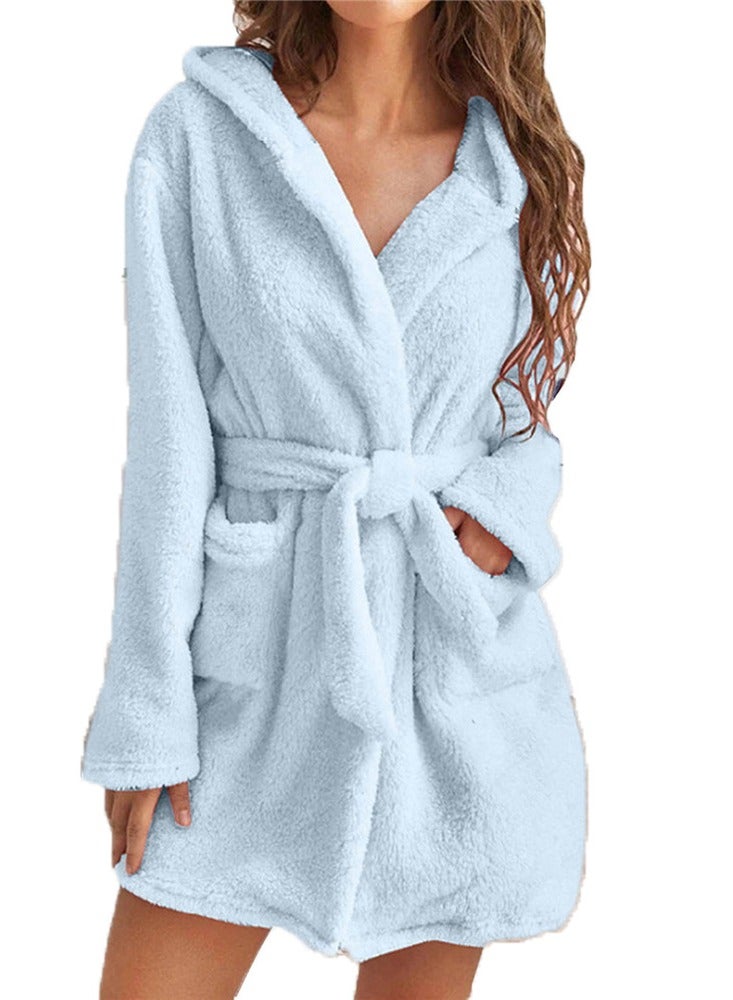 Women Hooded Bathrobe Fleece Lightweight Soft Plush Flannel Sleepwear Fleece Hooded Bathrobes Night Sleepwear Women's Mid Length Plush Robe  - Image 1