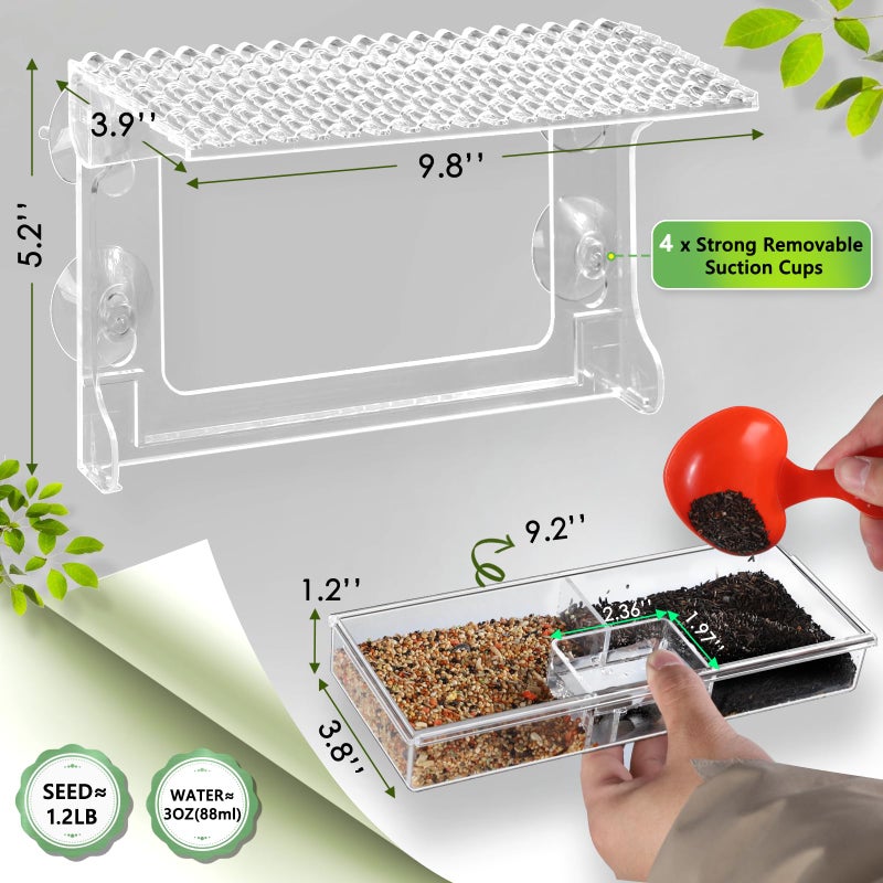 Gbekery Window Bird Feeder for Outdoors with Strong Suction Cups, Acrylic Clear Window Bird Feeders for Viewing with Large Capacity Detachable Seed & Water Tray - Image 2