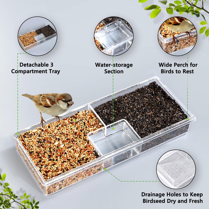 Gbekery Window Bird Feeder for Outdoors with Strong Suction Cups, Acrylic Clear Window Bird Feeders for Viewing with Large Capacity Detachable Seed & Water Tray - Image 3