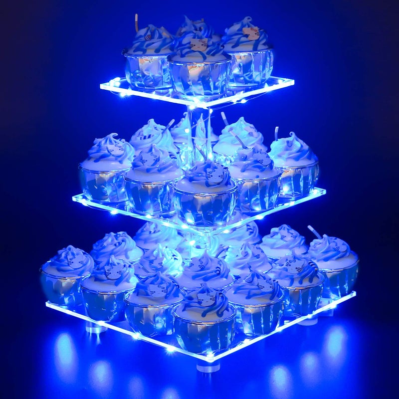 YestBuy 3 Tier Square Cupcake Stand  Premium Cupcake Holder  Acrylic Cupcake Tower Display  Cady Bar Party Dcor  LED Light String  Ideal for Weddings Birthday PartiesBlue Light
