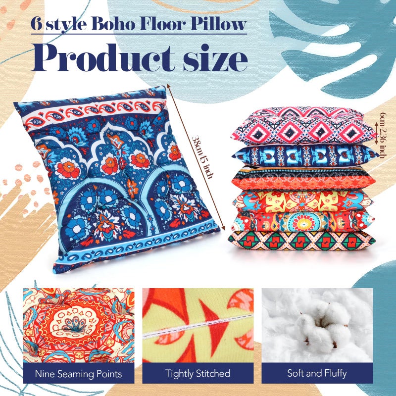 Menkxi 6 Pcs Bohemian Floor Pillows Seating 15 Inch Boho Floor Cushions Sitting Pillows Square Yoga Mandala Meditation Pouf for Living Room Balcony Office Tatami(Classic) - Image 2