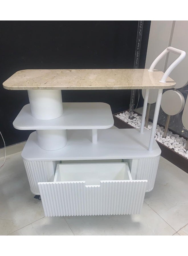 Horoof Market Horoof Home® Luxury Marble & Wood Bar Cart – Modern White & Beige Serving Trolley with Storage Cabinet, Multi-Level Shelves & Locking Wheels – 100x40x90 cm  - Image 2