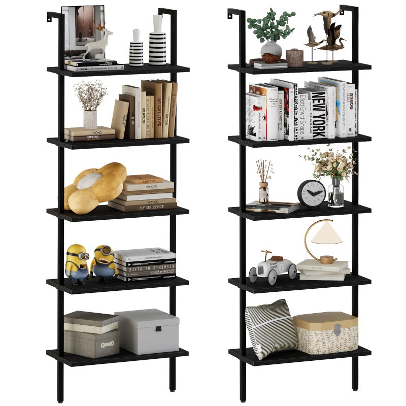 Aboxoo aboxoo Ladder Shelf 2PCS Open Bookshelf 5Tier Wood WallMounted Black Bookcase Storage Rack Open Industrial Modern Plant Stand Utility Organizer Bookcase Metal Frame Furniture Office Kitchen Bedroom 