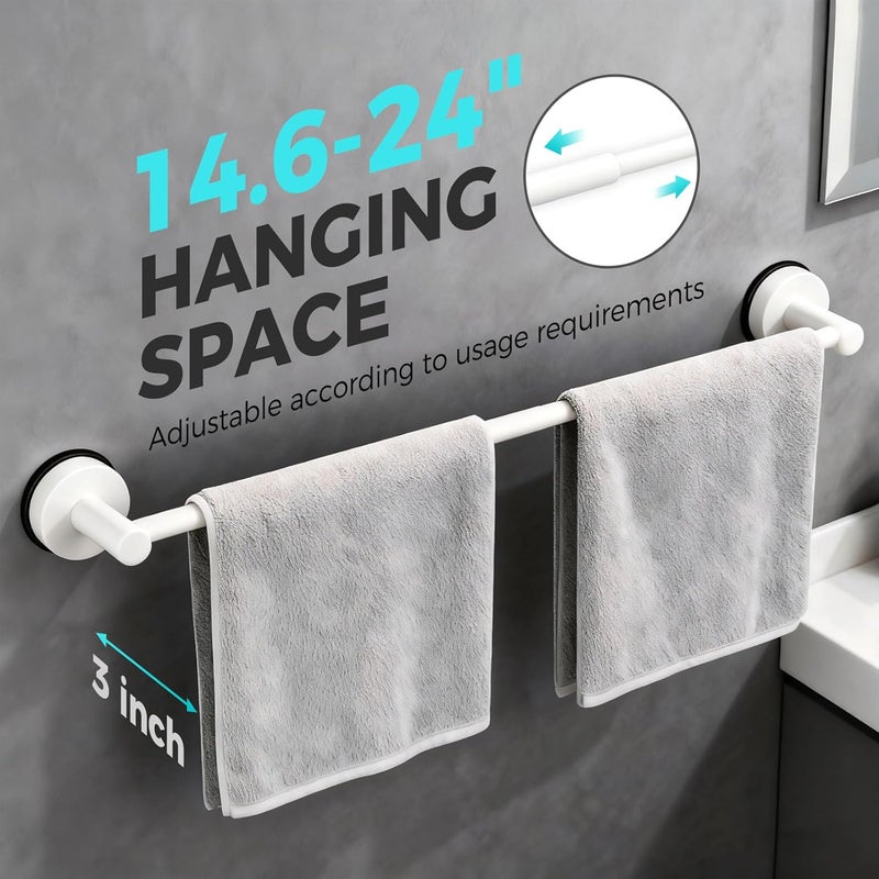 WingWider Adjustable Suction Cup Towel Bar for Bathroom Wall,14.6Inch~24 Inch Towel Racks for Bathroom,Stainless Steel Bath Towel Holder for Shower,2 Pack(Matte White) - Image 2