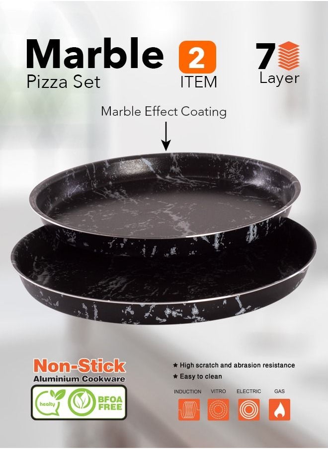 2 Pieces Cook Marble Pizza Tray Set 7-Layer Granite Coating Non-Stick Surface Black marbel 26-30 cm 