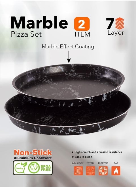 2 Pieces Cook Marble Pizza Tray Set 7-Layer Granite Coating Non-Stick Surface Black marbel 26-30 cm