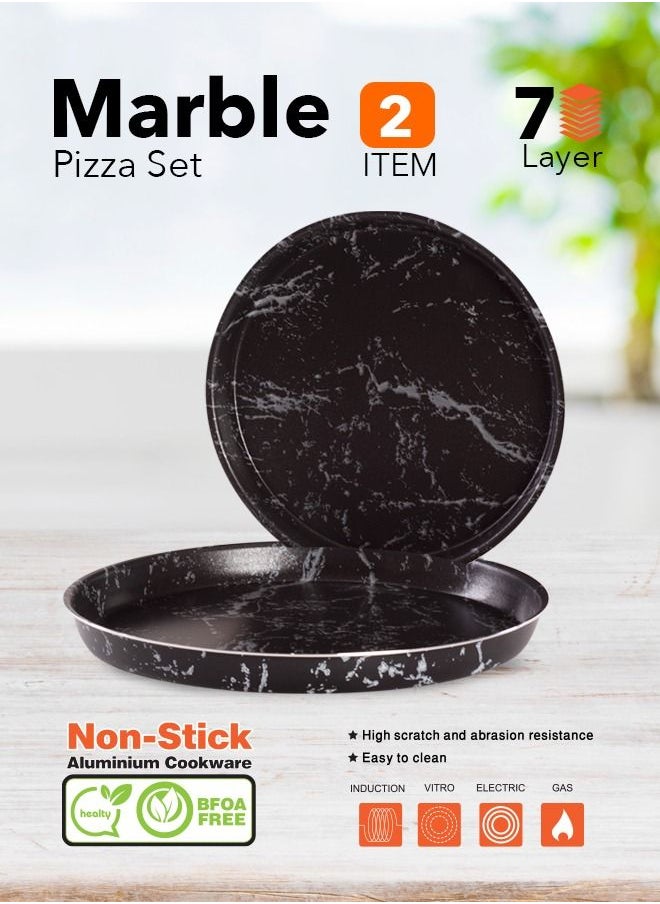 Grandi 2 Pieces Cook Marble Pizza Tray Set 7-Layer Granite Coating Non-Stick Surface Black marbel 26-30 cm  - Image 2