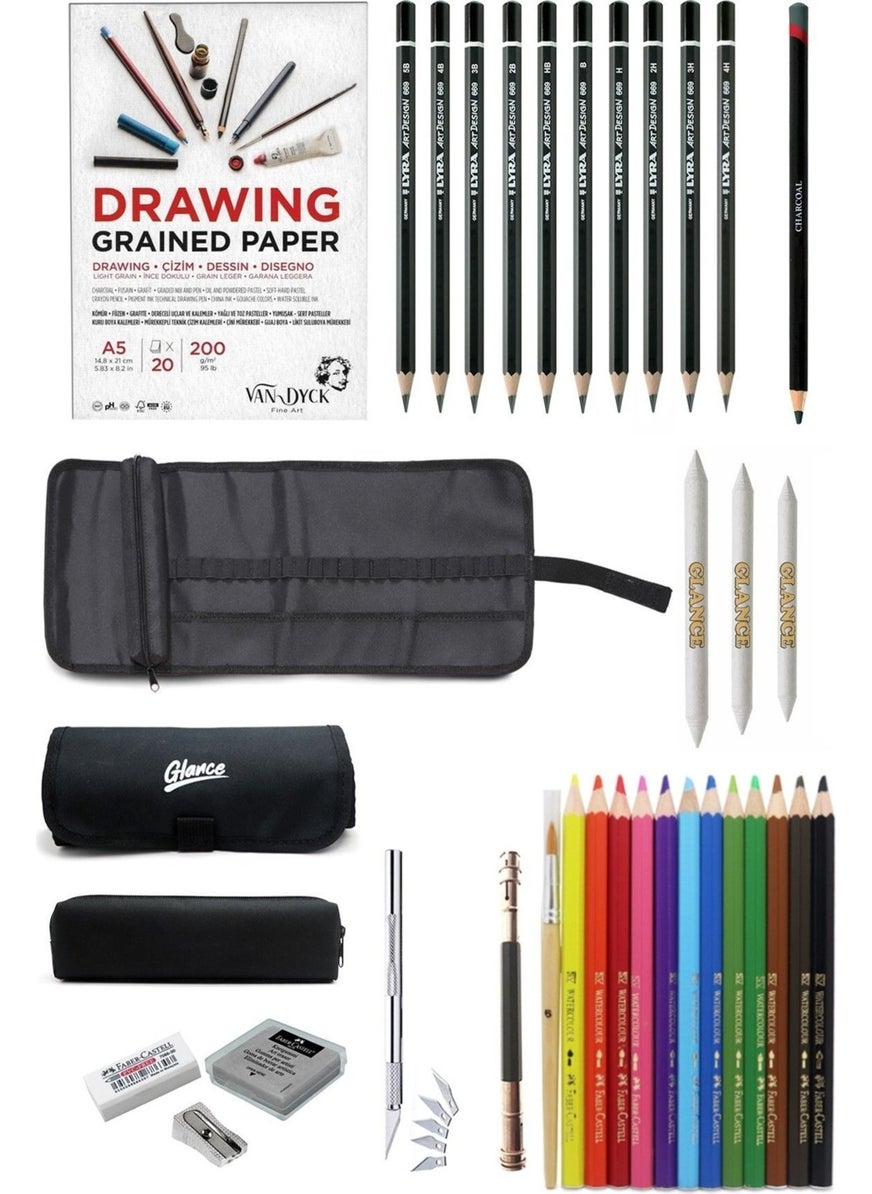 Glance - Van Dyck A5 Drawing Notebook 200 gr 20 Yp Lyra Graduated Pencil Faber Aquarel Drawing Sketch Set with Bag - Image 1