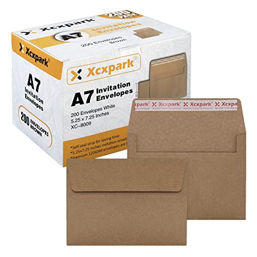 Xxcxpark 200 Qty Printable A7 Invitation Envelopes 5.25 x 7.25, Self Seal 120GSM Brown Kraft Paper Envelopes for Invitations, Papers, Photos, Documents, Wedding, Baby Shower, Easy to Seal - Image 1