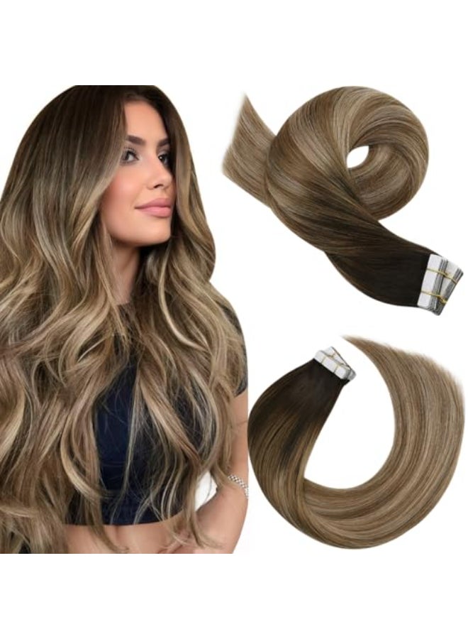 Moresoo Tape in Extensions Human Hair Balayage Dark Brown to Brown Mix with Blonde Tape in Hair Extensions Ombre Human Hair Extensions Glue in Real Hair 20 Inch 41016 20pcs 50g