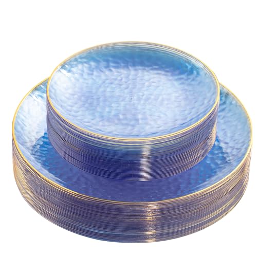 Rubtlamp 60Pcs Clear Blue Plastic Plates, Hammered Blue Plates, Clear Fancy Disposable Plates With Gold Rim Include 30 Dessert Plates, 30 Dinner Plates for Party - Image 1