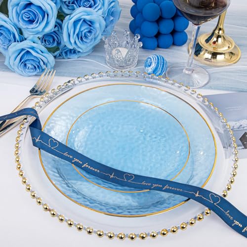 Rubtlamp 60Pcs Clear Blue Plastic Plates, Hammered Blue Plates, Clear Fancy Disposable Plates With Gold Rim Include 30 Dessert Plates, 30 Dinner Plates for Party - Image 3