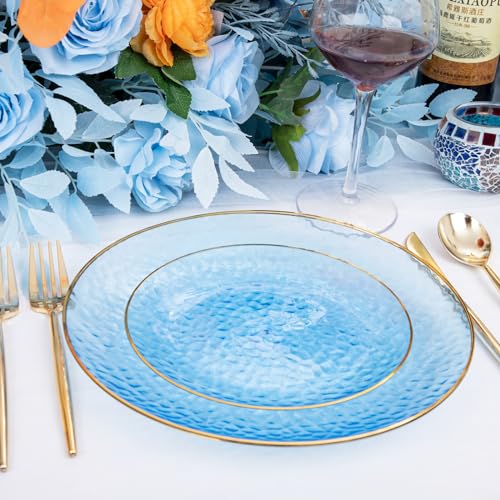 Rubtlamp 60Pcs Clear Blue Plastic Plates, Hammered Blue Plates, Clear Fancy Disposable Plates With Gold Rim Include 30 Dessert Plates, 30 Dinner Plates for Party - Image 5