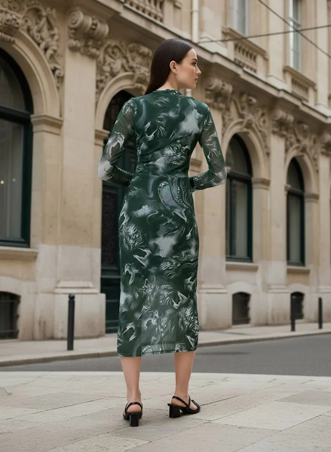 Freehand  Women Regular Fit Marble Printed Round Neck Long Sleeve Gathered Dress for Women | Best Price UAE