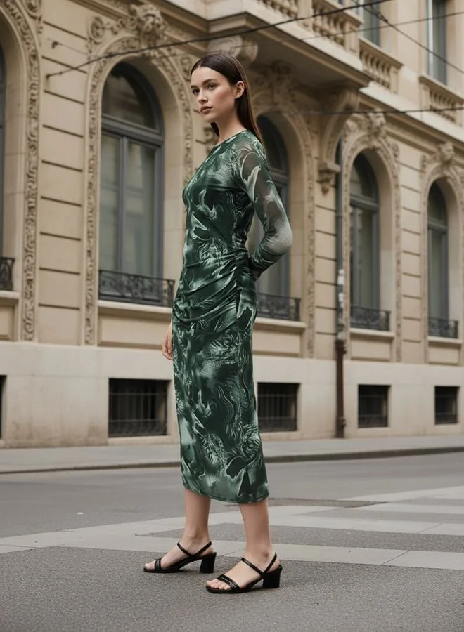 Freehand  Women Regular Fit Marble Printed Round Neck Long Sleeve Gathered Dress for Women | Best Price UAE