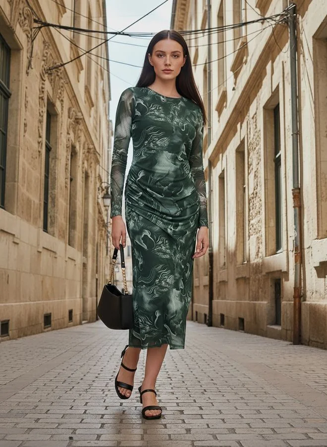 Women Regular Fit Marble Printed Round Neck Long Sleeve Gathered Dress