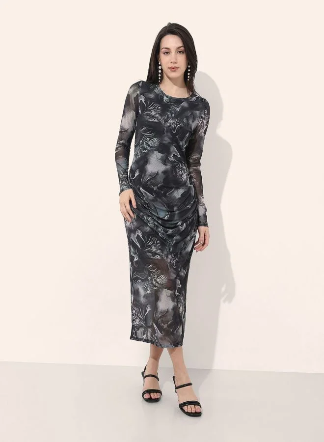 Freehand  Women Regular Fit Marble Printed Round Neck Long Sleeve Gathered Dress for Women | Best Price UAE