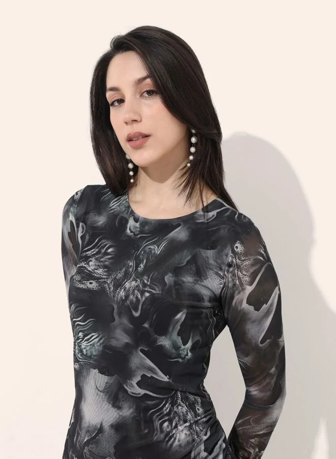 Freehand  Women Regular Fit Marble Printed Round Neck Long Sleeve Gathered Dress for Women | Best Price UAE