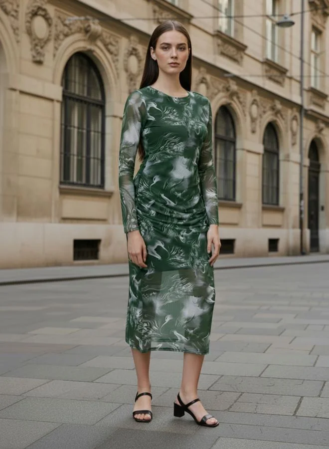 Freehand  Women Regular Fit Marble Printed Round Neck Long Sleeve Gathered Dress for Women | Best Price UAE