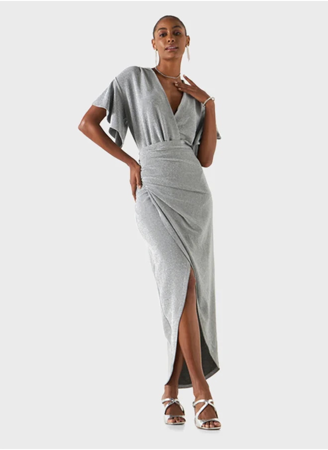 2Xtremz Textured Flutter Sleeve V- Neck Dress