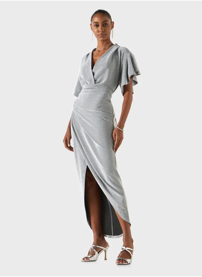 2Xtremz Textured Flutter Sleeve V- Neck Dress