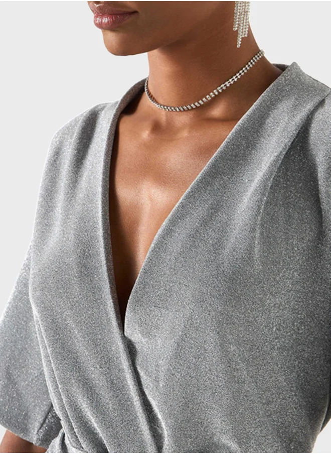 2Xtremz Textured Flutter Sleeve V- Neck Dress