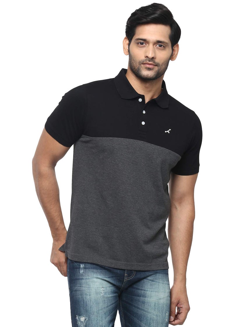 AMERICAN CREW Men's Polo Regular Fit T-Shirt (Ac166-M_Black & Charcoal Melange) - Image 1