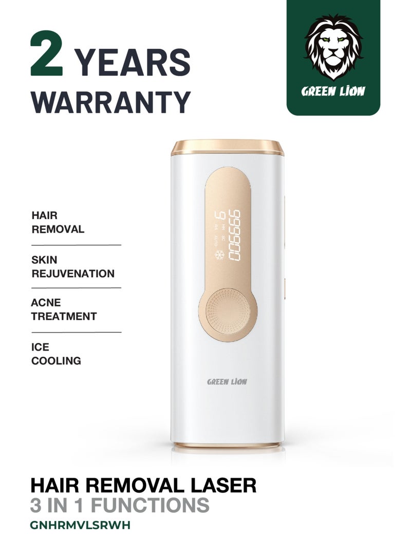 جرين ليون جهاز إزالة الشعر بالليزر 3 في 1 / إزالة الشعر بتقنية IPL / أوضاع تلقائية/يدوية / أجهزة استشعار أمان / يتضمن شفرة حلاقة ونظارة / 9 مستويات شدة / إزالة شعر الجسم بالكامل / شاشة رقمية - أبيض - Image 1