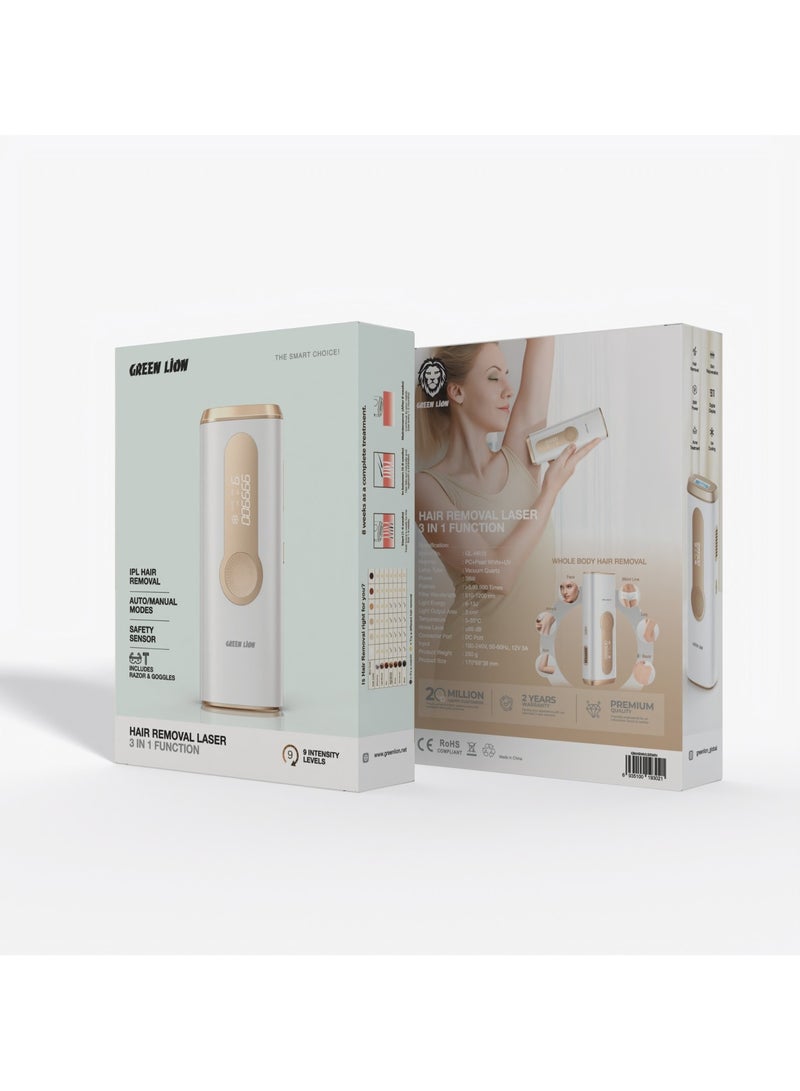 جرين ليون جهاز إزالة الشعر بالليزر 3 في 1 / إزالة الشعر بتقنية IPL / أوضاع تلقائية/يدوية / أجهزة استشعار أمان / يتضمن شفرة حلاقة ونظارة / 9 مستويات شدة / إزالة شعر الجسم بالكامل / شاشة رقمية - أبيض - Image 4