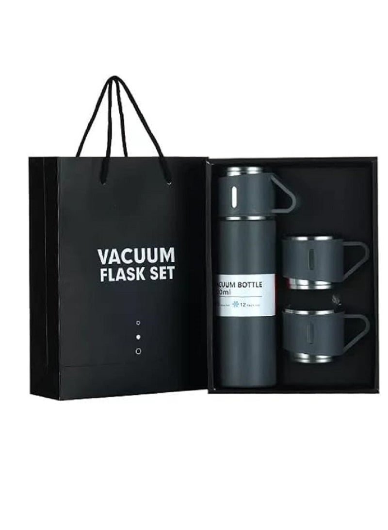 500ml Water Bottle with 3 Double Wall Stainless Steel Cups with Gift Bag Vacuum Insulated Thermos for Coffee Water Tea Travel - Blue  - Image 1