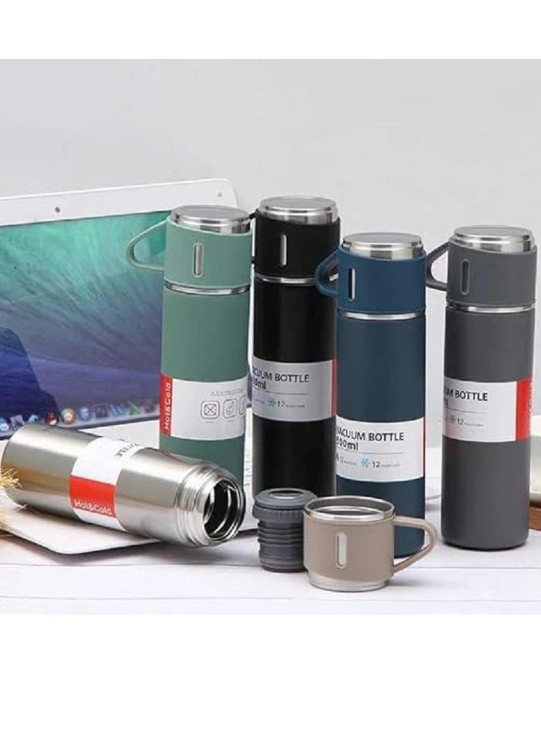 500ml Water Bottle with 3 Double Wall Stainless Steel Cups with Gift Bag Vacuum Insulated Thermos for Coffee Water Tea Travel - Blue  - Image 2