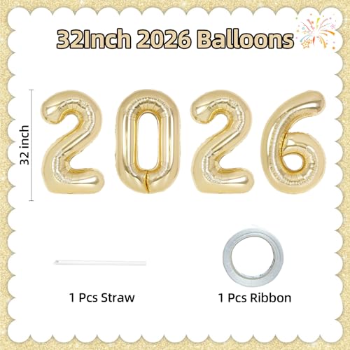 KALOR 32 Inch 2026 Light Gold Foil Number Balloons 2026 New Years Decorations for 2026 Happy New Year Eve and Graduations Party Supplies - Image 5