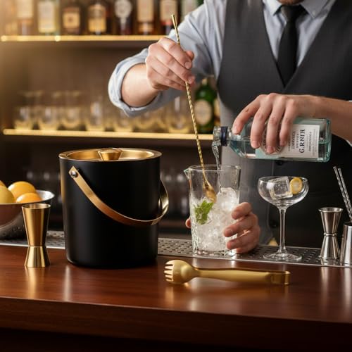 Steren Impex | Stainless Steel 3 Piece Black & Gold (PVD Coated) Bar Set | Double Wall - Ice Bucket, Tong & Peg Measure (Perfect for Gifting) - Image 2