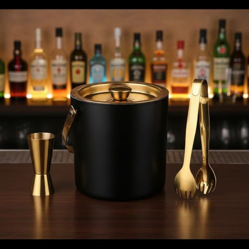 Steren Impex | Stainless Steel 3 Piece Black & Gold (PVD Coated) Bar Set | Double Wall - Ice Bucket, Tong & Peg Measure (Perfect for Gifting) - Image 4