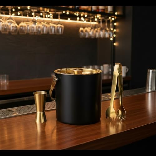 Steren Impex | Stainless Steel 3 Piece Black & Gold (PVD Coated) Bar Set | Double Wall - Ice Bucket, Tong & Peg Measure (Perfect for Gifting) - Image 1
