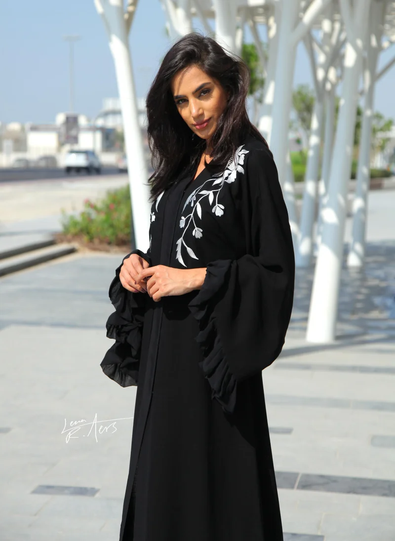 NUKHBAA Stunning designer abaya in black with leafy embroidery -AJ1012A