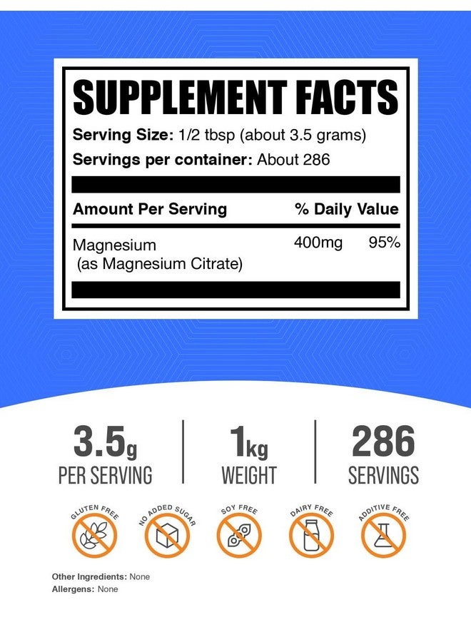 بالك سابلمنتس مسحوق سترات المغنيسيوم من BulkSupplements.com - مكمل غذائي بتركيز 400 ملغ من المغنيسيوم، سهل الامتصاص - نقي وخالٍ من الغلوتين، 3.5 غرام لكل حصة، وزن 1 كجم (2.2 رطل) (عبوة من قطعة واحدة) - Image 2