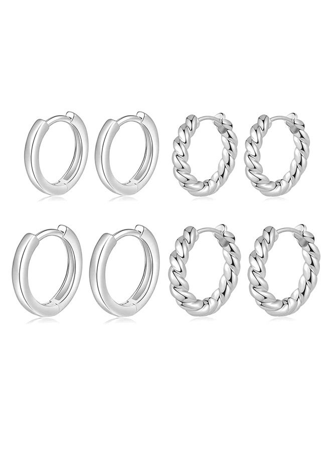Sterling Silver Hoop Earrings for Women Small Silver Huggie Hoop Earrings 4 Pairs Cartilage Mini Silver Hoops Tiny Silver Earrings Set for Multiple Piercing Hypoallergenic 8mm 10mm