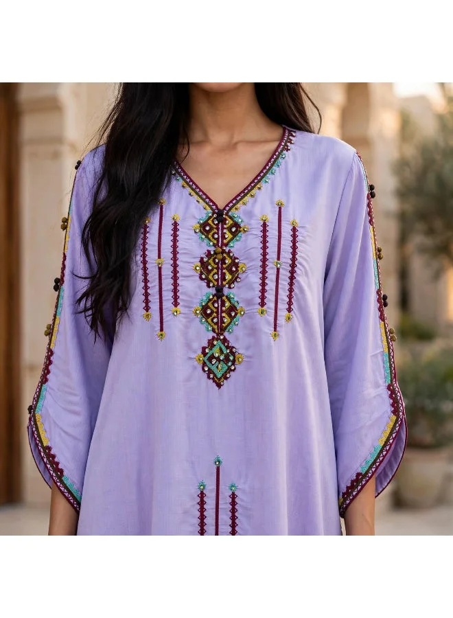 Ikkxa  Tribal Embroidered Kaftan Style V Neck Jalabiya for Women | Best Price UAE