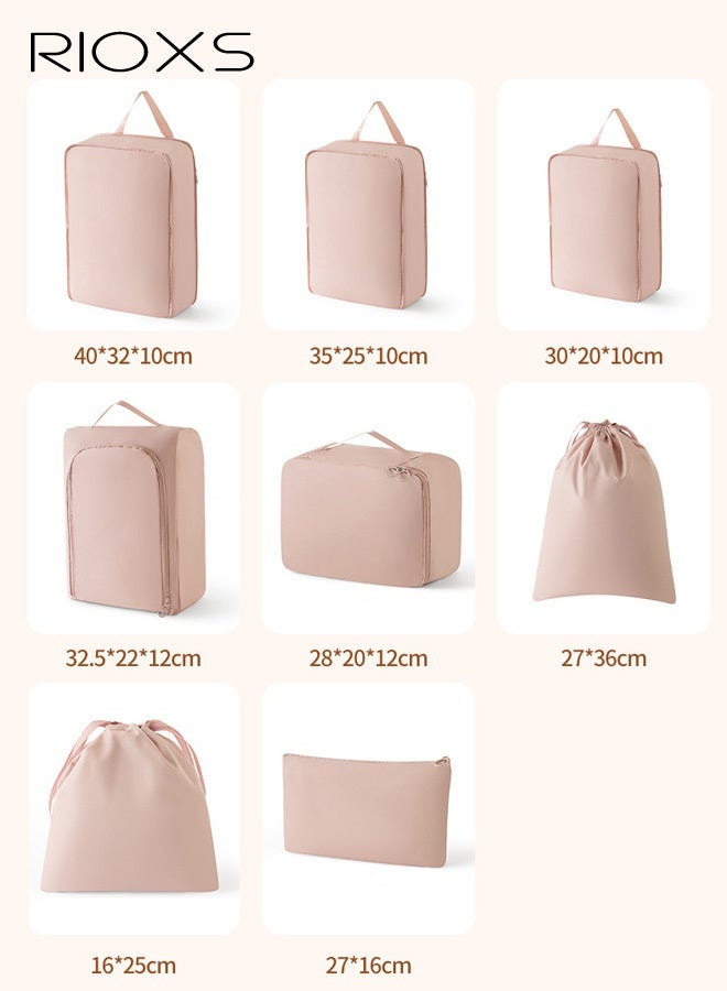 ريوكس مجموعة من 8 قطع من مكعبات التعبئة القابلة للضغط للأمتعة، منظم سفر متعدد الوظائف للبيجامات والملابس الداخلية، صندوق تخزين قابل للتوسيع من البوليستر للملابس الداخلية والأحذية والجوارب، مقاوم للماء والرطوبة، لون وردي - Image 2