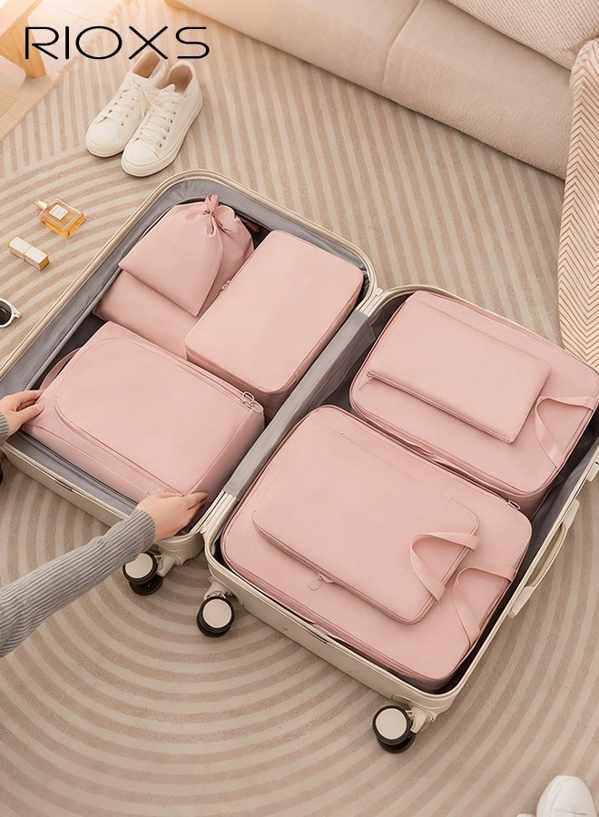ريوكس مجموعة من 8 قطع من مكعبات التعبئة القابلة للضغط للأمتعة، منظم سفر متعدد الوظائف للبيجامات والملابس الداخلية، صندوق تخزين قابل للتوسيع من البوليستر للملابس الداخلية والأحذية والجوارب، مقاوم للماء والرطوبة، لون وردي - Image 1