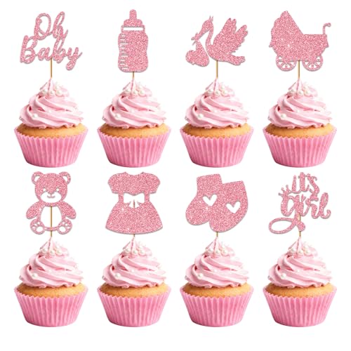 Machomby 40Pcs Baby Shower Cupcake Toppers Glitter Oh Baby Its a Girl Cupcake Picks Babyshower Cake Decorations for Gender Reveal Girl Birthday Party Supplies - Image 1