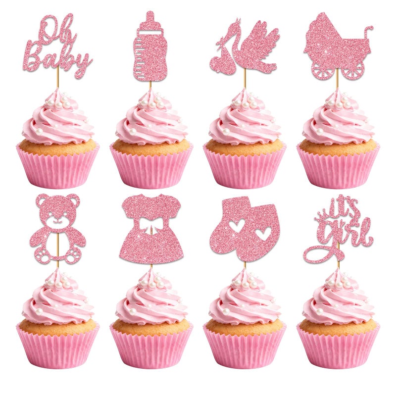 Machomby 40Pcs Baby Shower Cupcake Toppers Glitter Oh Baby Its a Girl Cupcake Picks Babyshower Cake Decorations for Gender Reveal Girl Birthday Party Supplies - Image 3