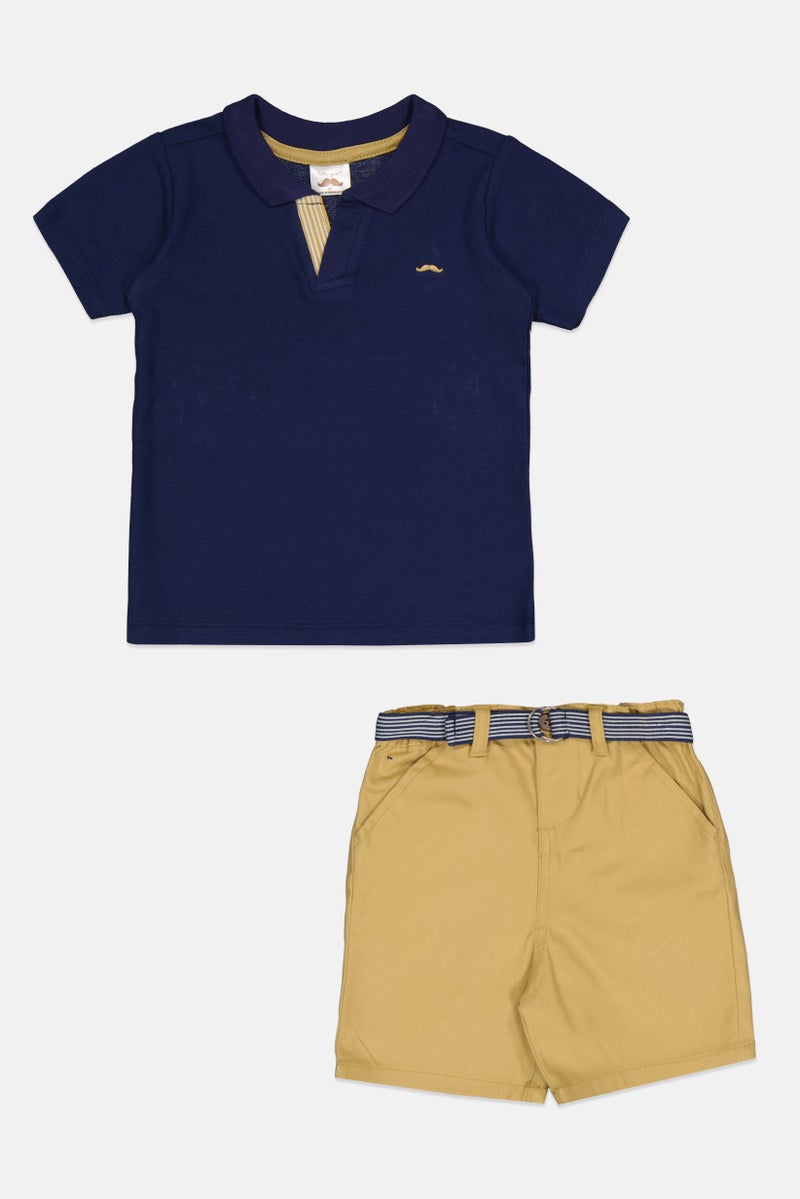 Little Gent Toddlers Boy 2 Piece Embroidered Logo Polo Shirt And Belted Shorts Set, Navy/Tan - Image 1