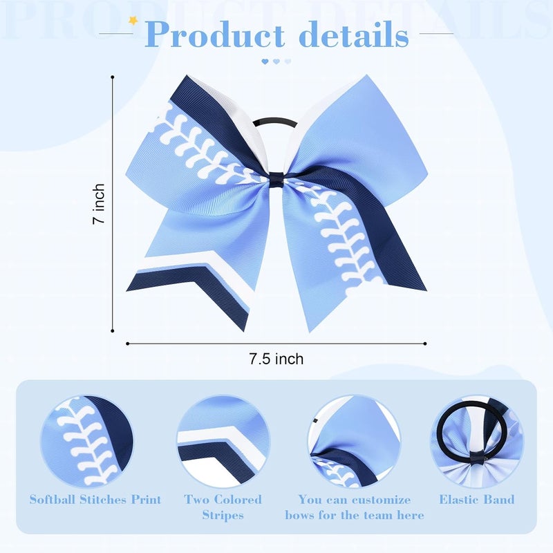 DEEKA 12 PCS Softball Cheer Bows 8" Thread Large Cheerleader Hair Bows Ponytail Holder Handmade for Teen Girls Sports -Blue/Navy/White - Image 2